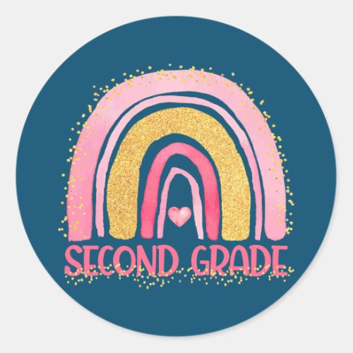 Second Grade Rainbow Watercolor Teacher Kids Back Classic Round Sticker