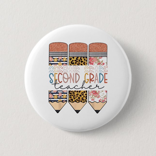 Second Grade Teacher Leopard Pencil First Day Of S Button (Front)