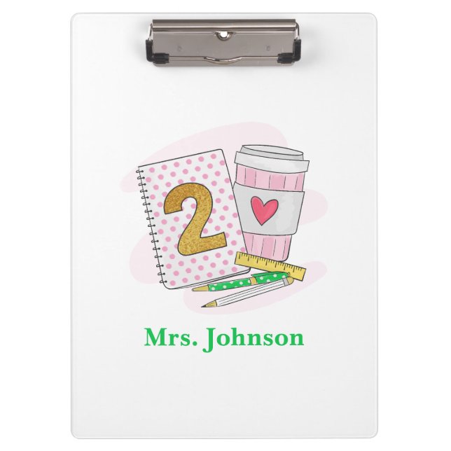 Second Grade Teacher Pink Notebook Coffee Custom Clipboard (Front)