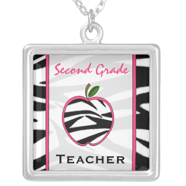Second Grade Teacher Zebra Print Apple Necklace (Front)