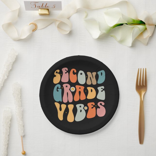 Second Grade Vibes Back To School Groovy School  Paper Plates (Wedding)