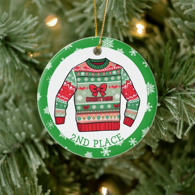 Second Place Ugly Sweater Winner Christmas Ceramic Ornament (Tree)
