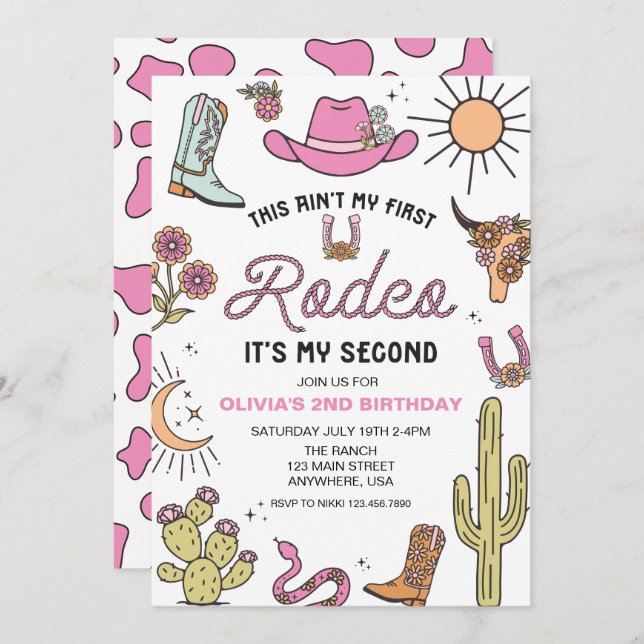Second Rodeo Pink Western 2nd Birthday Invitation (Front/Back)