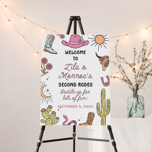 Second Rodeo Pink Western 2nd Birthday Twins Foam Board (In Situ (Stand))