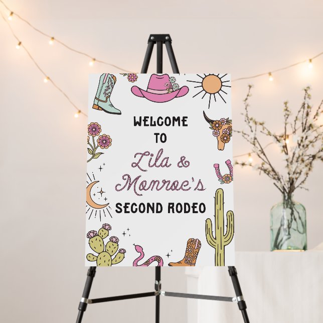 Second Rodeo Pink Western 2nd Birthday Twins Foam Board (In Situ (Stand))