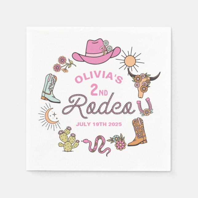 Second Rodeo Pink Western Cowboy 2nd Birthday Napkins (Front)