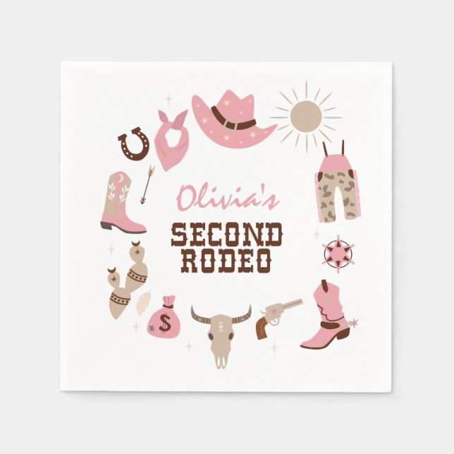 Second Rodeo Pink Western Cowboy 2nd Birthday Napkins (Front)