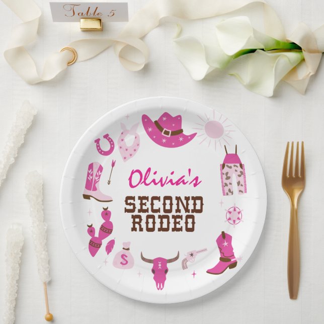 Second Rodeo Pink Western Cowboy 2nd Birthday Paper Plates (Wedding)