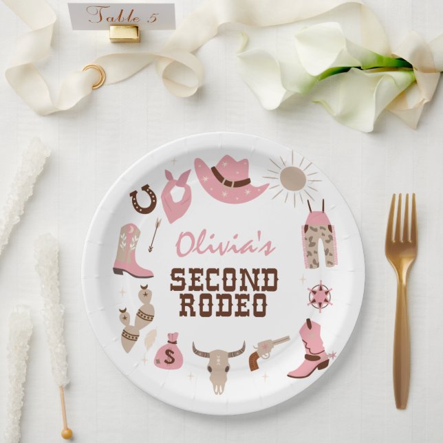 Second Rodeo Pink Western Cowboy 2nd Birthday Paper Plates (Wedding)