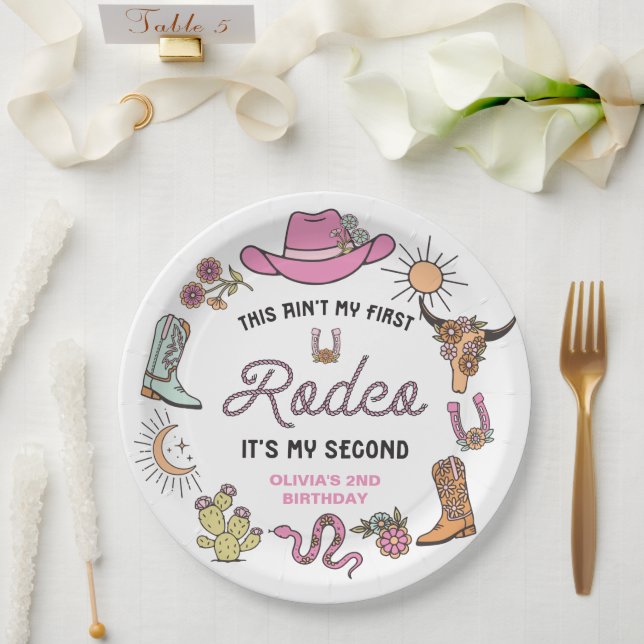 Second Rodeo Pink Western Cowboy 2nd Birthday Paper Plates (Wedding)