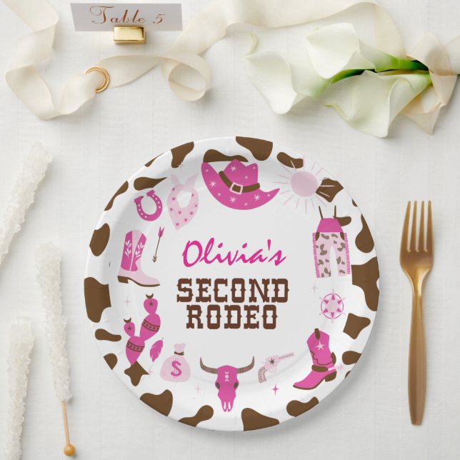 Second Rodeo Pink Western Cowboy 2nd Birthday Paper Plates (Wedding)