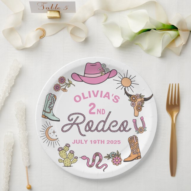 Second Rodeo Pink Western Cowboy 2nd Birthday Paper Plates (Wedding)