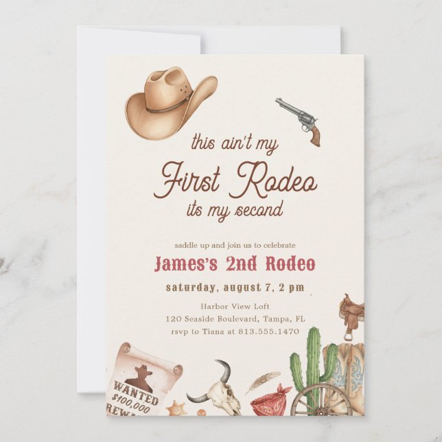 Second Rodeo Vintage Rustic Cowboy 2nd Birthday Invitation (Front)