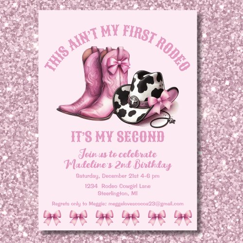 Second Rodeo Western Bows Pink Cowgirl Birthday Invitation