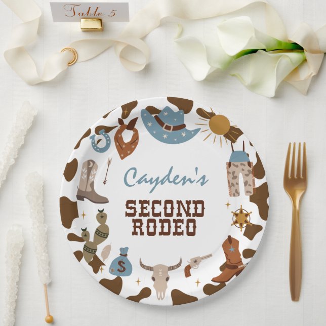 Second Rodeo Western Cowboy 2nd Birthday Paper Plates (Wedding)