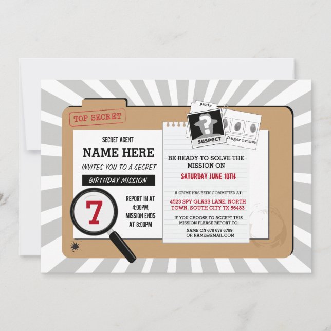 Secret Agent Birthday Detective Mission Invite (Front)