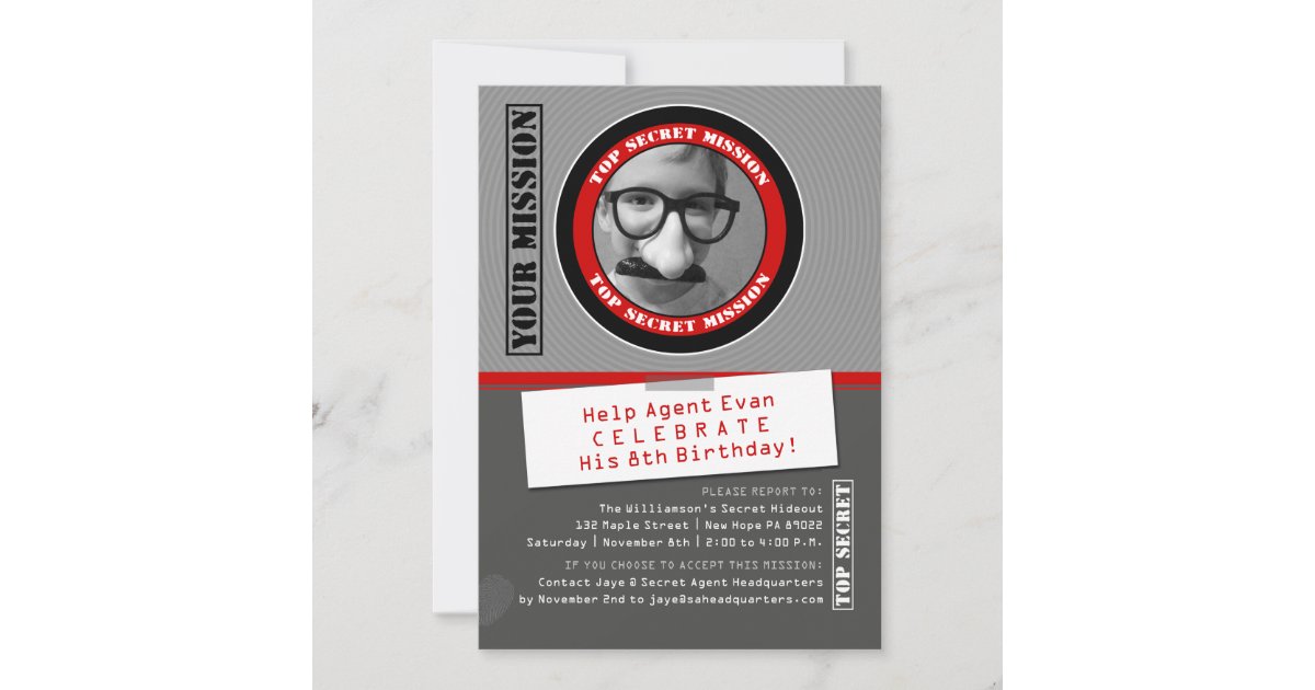 Secret Agent Custom Photo Birthday Invitation | Zazzle