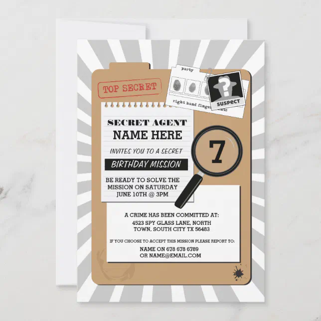 SECRET AGENT DETECTIVE CRIME SPY BIRTHDAY PARTY INVITATION Zazzle