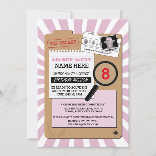 SECRET AGENT DETECTIVE CRIME SPY BIRTHDAY PARTY INVITATION