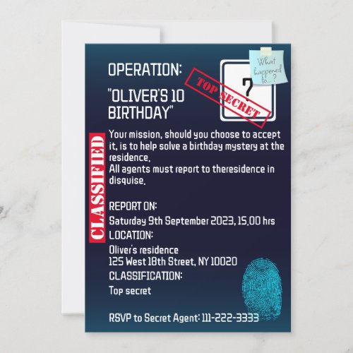 Secret agent Detective Spy Mystery Party Invitation