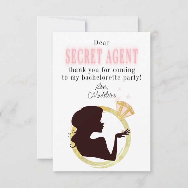 Secret Agent License Party Bachelorette Itinerary Thank You Card (Front)