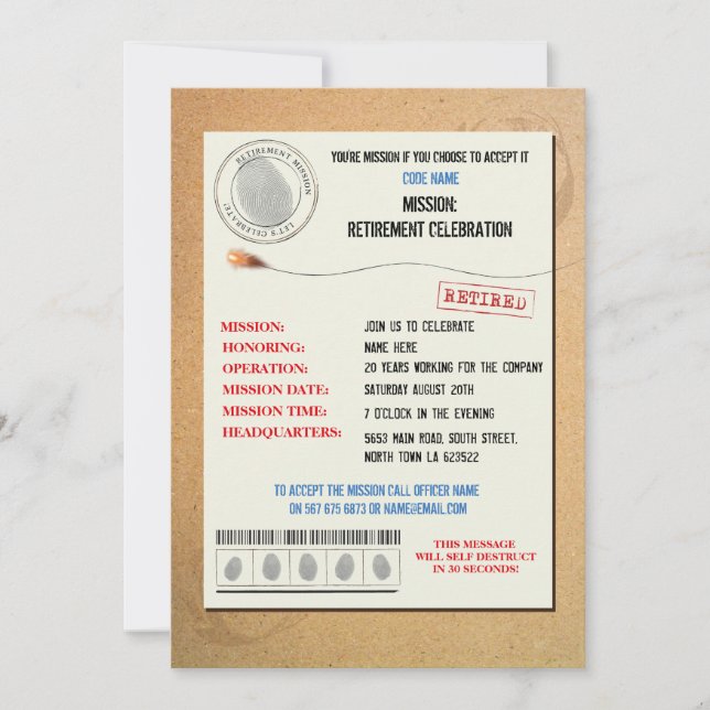 Secret Agent Retirement Party Officer Invite (Front)