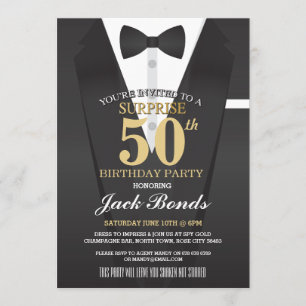 SECRET AGENT SPY BOW TIE SURPRISE BIRTHDAY PARTY INVITATION