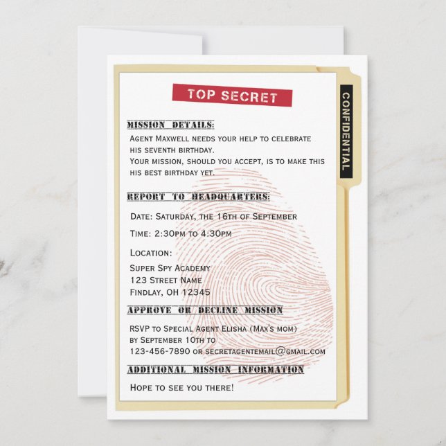 Secret Agent Spy Mission File Birthday Party Invitation (Front)