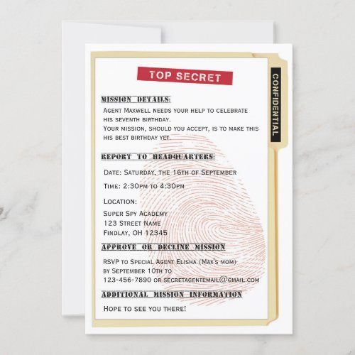 Secret Agent Spy Mission File Birthday Party Invitation