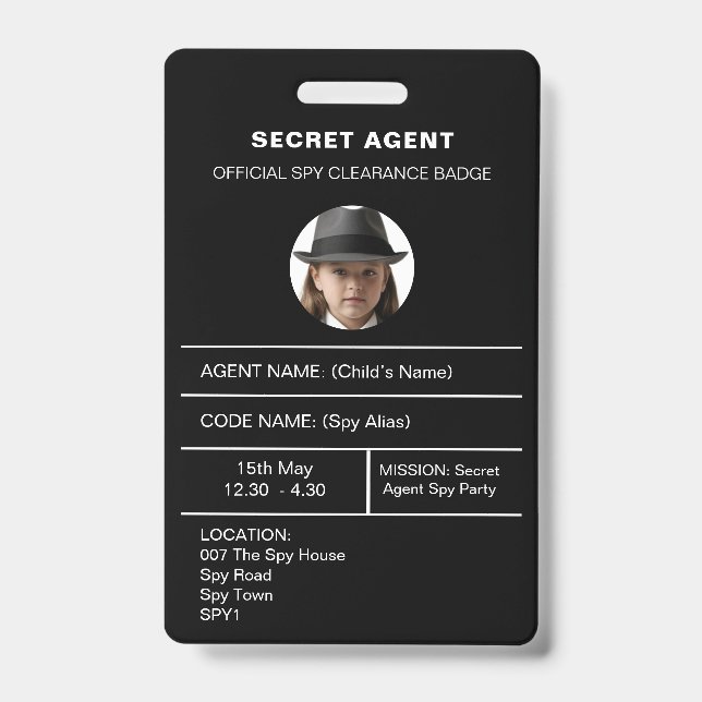 Secret Agent Spy Party identity badge (Front)