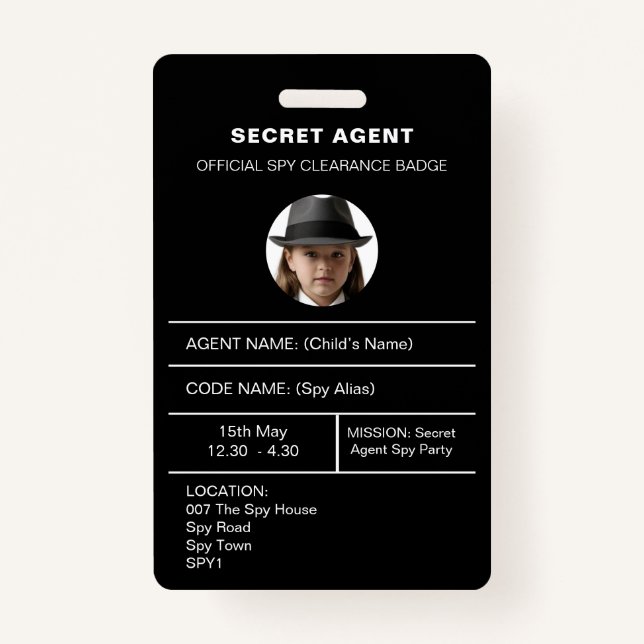 Secret Agent Spy Party identity badge (Front)
