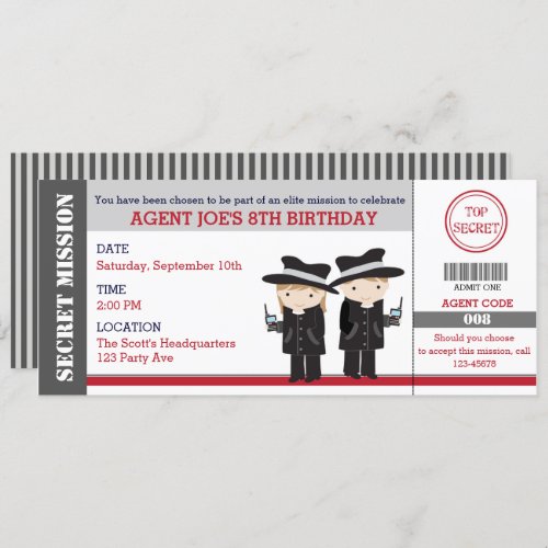 Secret Agent  Spy Ticket Birthday Invitations
