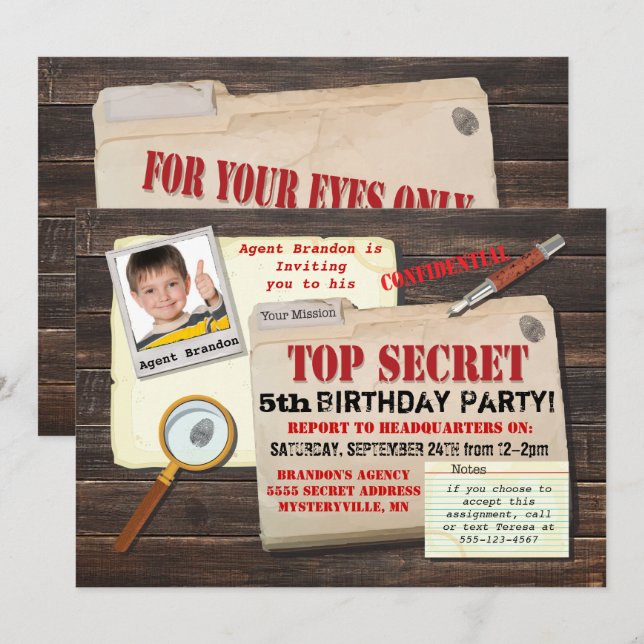 Secret Agent Spy Top Secret Birthday Party Invite (Front/Back)