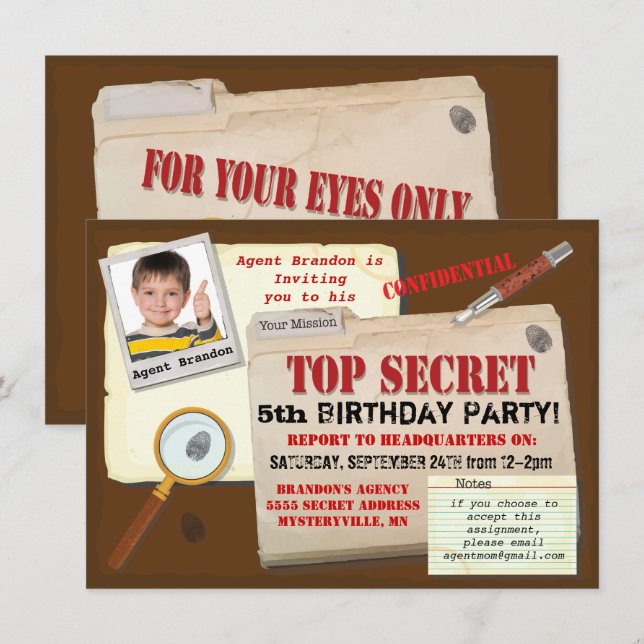 Secret Agent Spy Top Secret Birthday Party Invite (Front/Back)