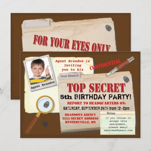 Secret Agent Spy Top Secret Birthday Party Invite