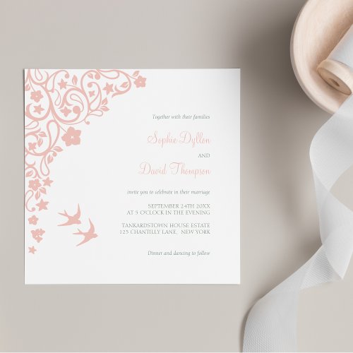 Secret Garden Blush Pink Floral Lovebirds Wedding Invitation