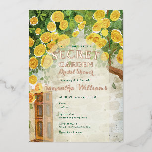 Secret Garden Enchanted Yellow Roses Bridal Shower Foil Invitation