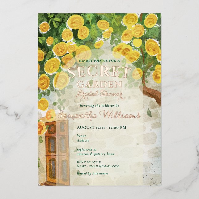 Secret Garden Enchanted Yellow Roses Bridal Shower Foil Invitation (Front)