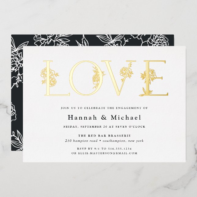 Secret Garden Floral LOVE Engagement Party Foil Invitation (Front/Back)
