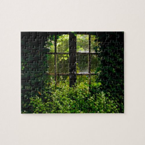 Secret garden green lush plants old cottage window jigsaw puzzle