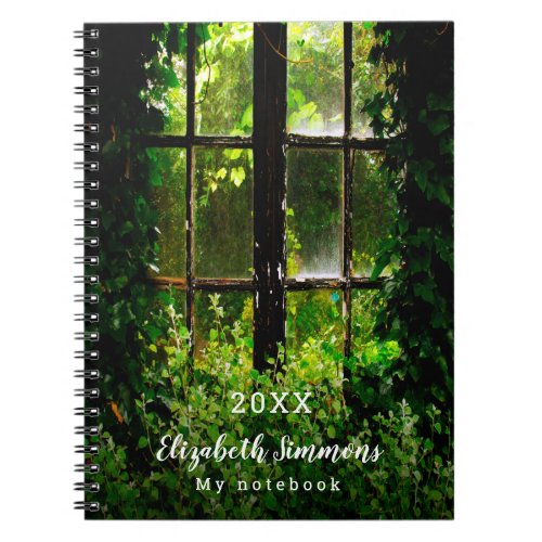 Secret garden green plants old cottage window notebook