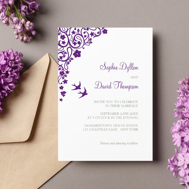 Secret Garden Purple Floral Lovebirds Wedding Invitation (Creator Uploaded)