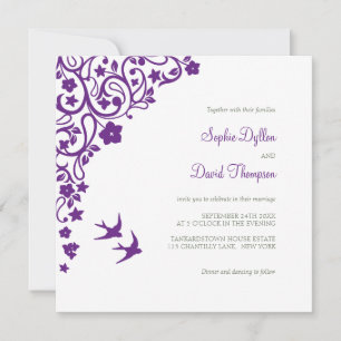 Secret Garden Purple Floral Lovebirds Wedding Invitation
