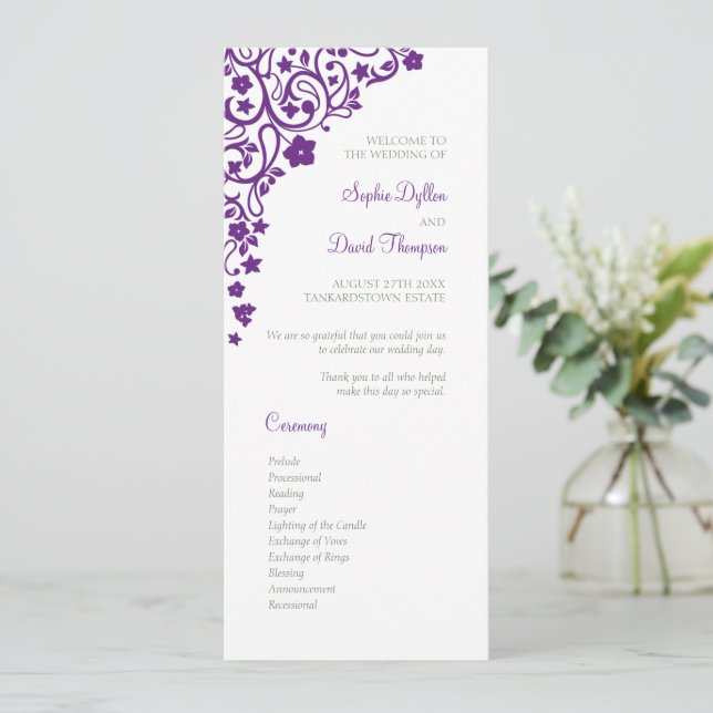 Secret Garden Purple Floral Lovebirds Wedding Program (Standing Front)