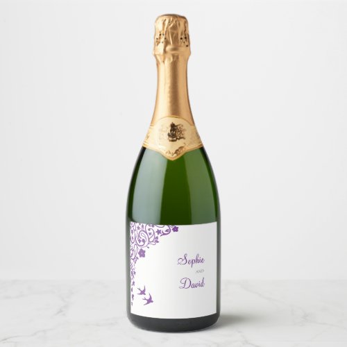 Secret Garden Purple Floral Lovebirds Wedding Sparkling Wine Label