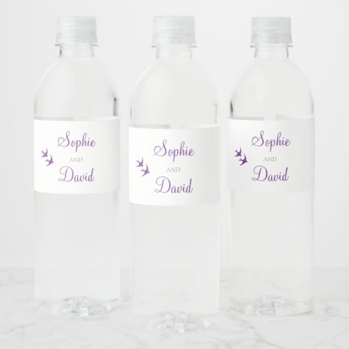 Secret Garden Purple Floral Lovebirds Wedding Water Bottle Label