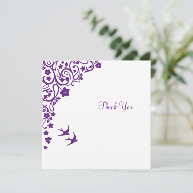 Secret Garden Purple Floral Square Wedding Thank You Card (Standing Front)