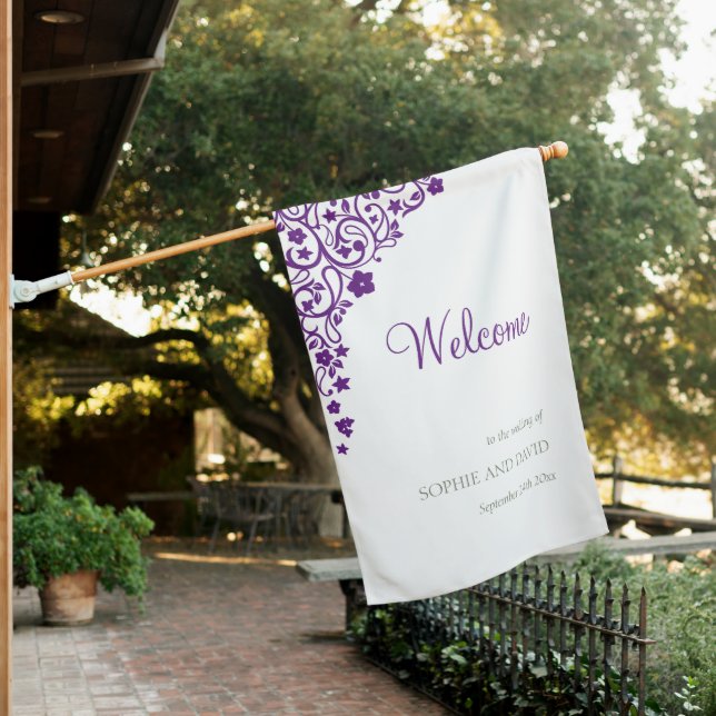 Secret Garden Purple Lovebirds Wedding Welcome House Flag (In SItu)