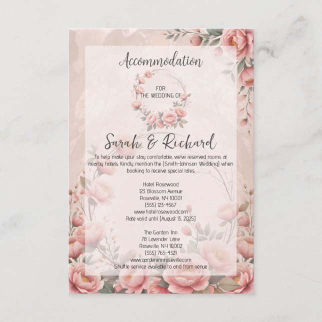 Secret Garden Romantic Blush Wedding Accommodation Enclosure Card (Front)