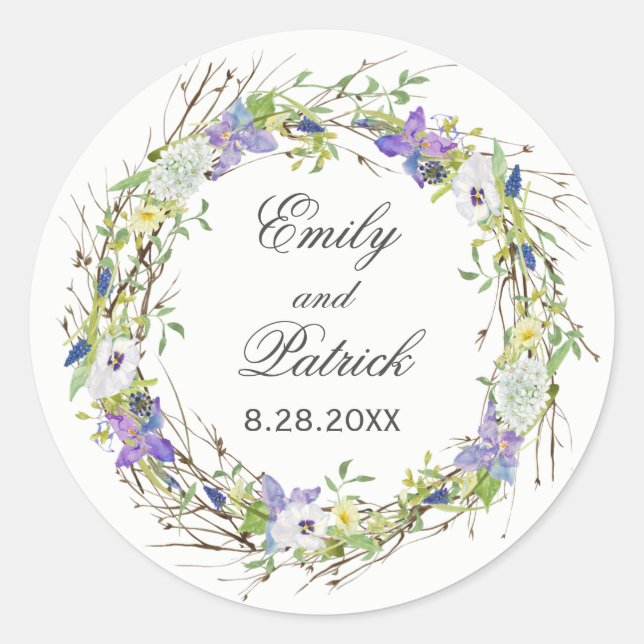Secret Garden Rustic Wildflowers Wreath Classic Round Sticker (Front)